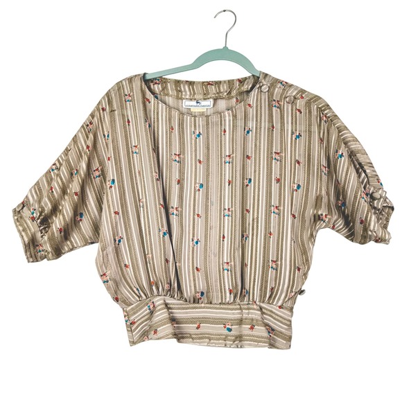 jonathan martin Tops - VTG 70s Jonathan Martin 80 S SHEER Beige Striped Floral Banded Crop Waist Blouse